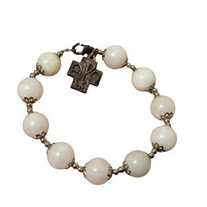 Vintage Chi Rho Alpha Omega Rosary Bracelet White Stone Beads Religious Cross